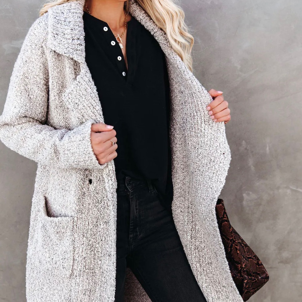LUSH - S Grey Pocketed Long Knit Cardigan